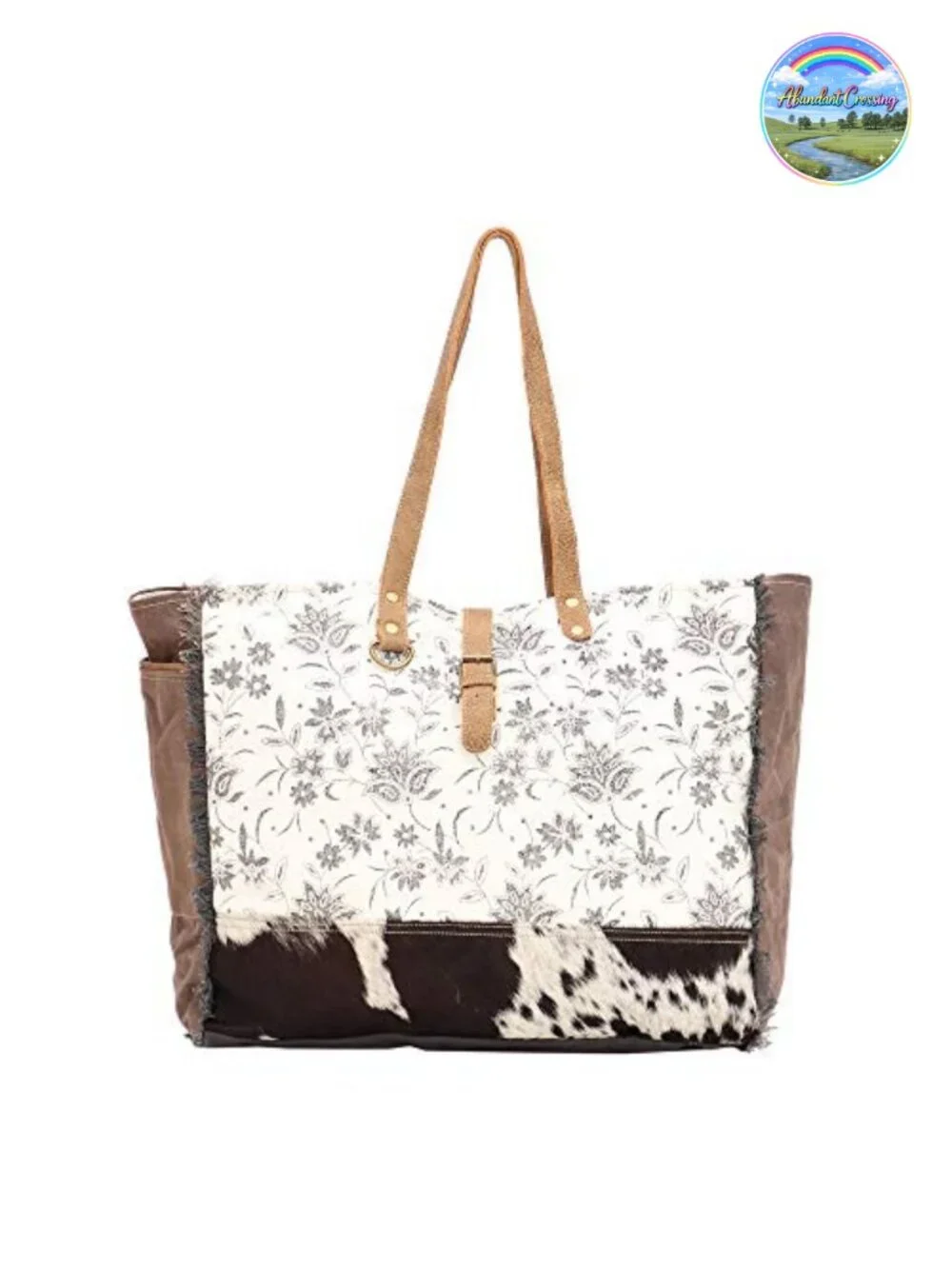 Canvas Floral Hobo Bag with Leather Strap - Women's Handbag